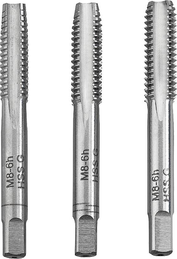 Trois tarauds en métal, disposés verticalement. Ils sont marqués avec les inscriptions 'M8-6h' et 'HSS-G'.