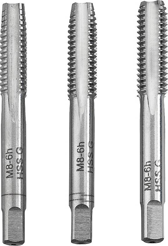 Trois tarauds en métal alignés, chacun portant l'inscription 'M8-6h' et 'HSS-G', utilisés pour le filetage intérieur.