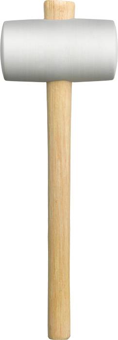 Maillet en caoutchouc à tête blanche et manche en bois, aligné verticalement. Utilisé pour marteler délicatement ou pour des travaux nécessitant de ne pas laisser de traces.