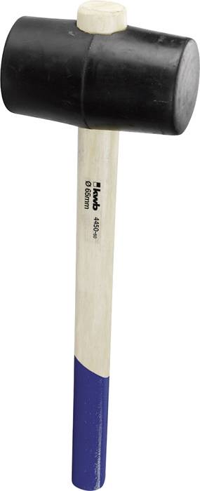 Un marteau en caoutchouc noir avec un manche en bois et un embout de poignée bleu, adapté pour des coups légers sans endommager la surface.