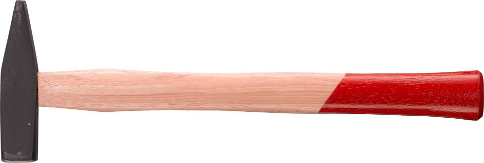 Un marteau avec un manche en bois, partiellement peint en rouge. La tête du marteau est en métal et possède une pointe étroite.