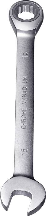 Une clé à fourche en argent, droite, avec un côté anneau et un côté fourche, adaptée aux écrous de 15 mm.