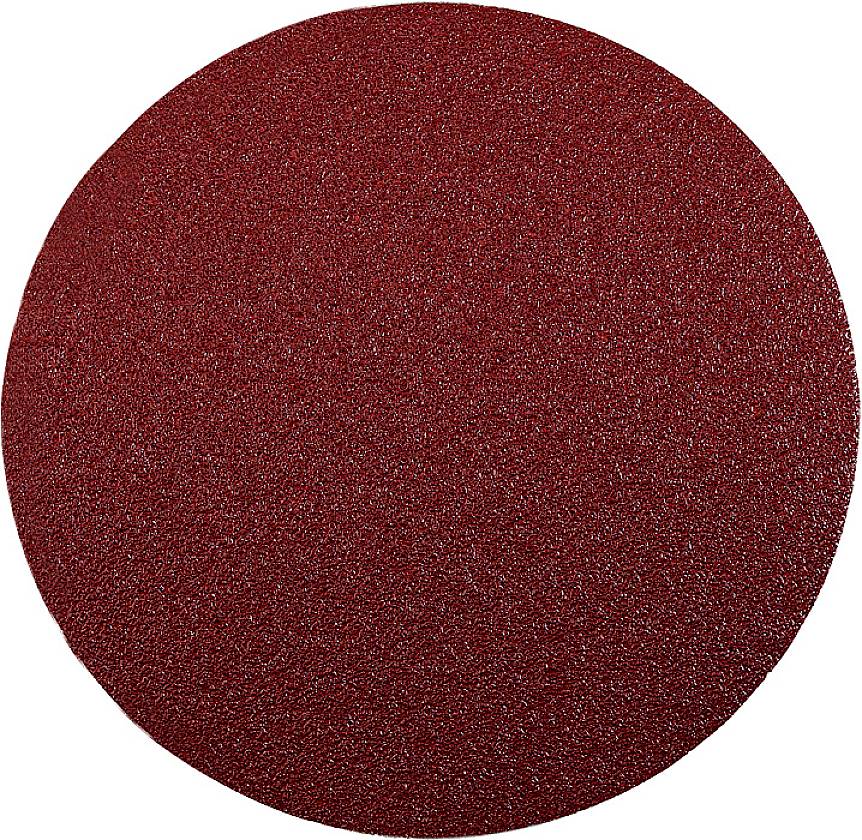 Un disque de papier de verre rond, rouge, à grain grossier, utilisé pour poncer et lisser les surfaces dans les projets artisanaux et de construction.