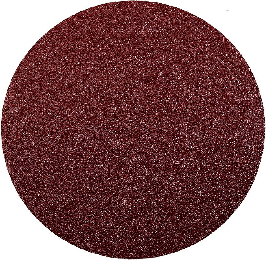 Un papier de verre rond, de couleur rouge-brun, à grain fin, utilisé pour lisser les surfaces dans des applications artisanales et industrielles.