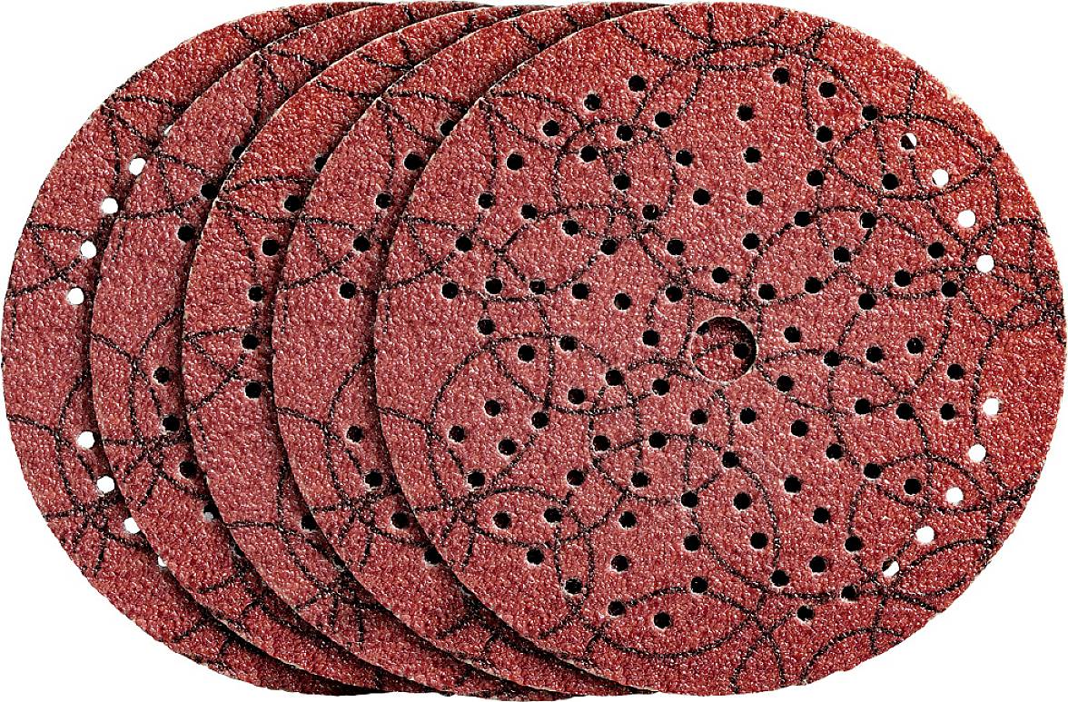 Quatre disques de ponçage ronds et rouges, répartis de manière uniforme. Chaque disque présente plusieurs trous pour l'aspiration de la poussière.