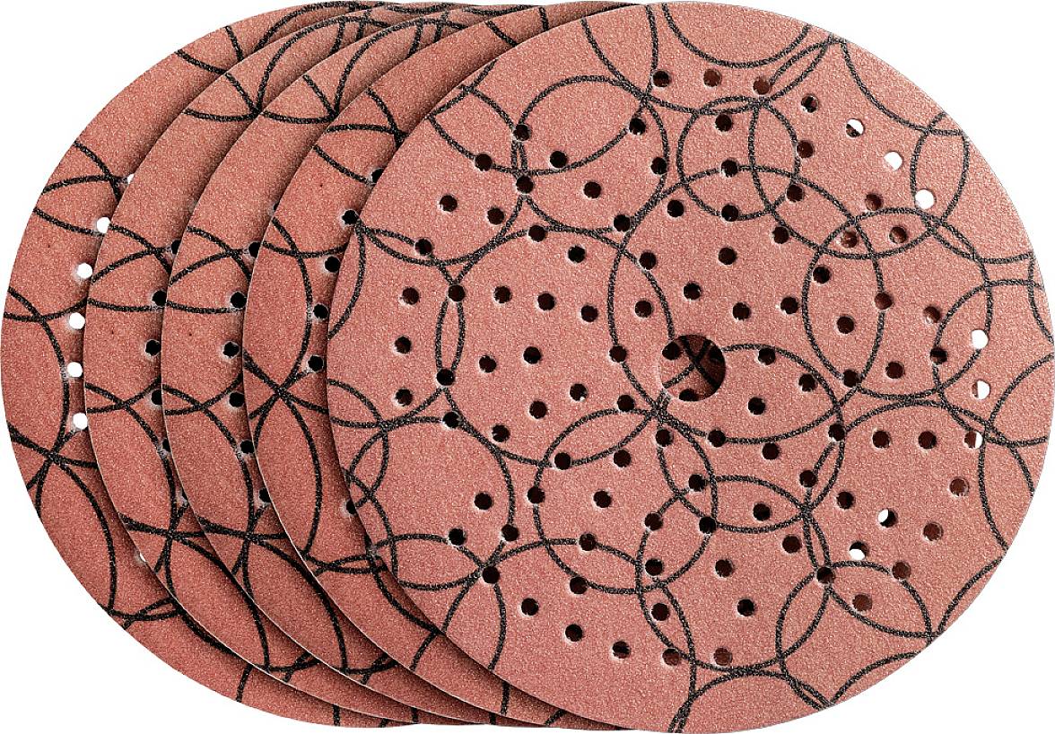 Six disques de meulage rouges avec des motifs circulaires noirs et de nombreux petits trous, empilés et légèrement décalés les uns par rapport aux autres.