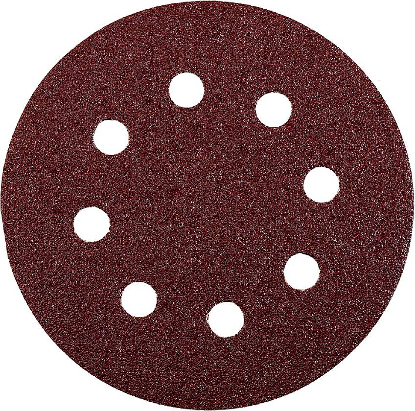 Papier abrasif circulaire à huit trous, de couleur brun-rouge. Adapté pour les ponceuses excentriques pour un traitement de surface lisse.