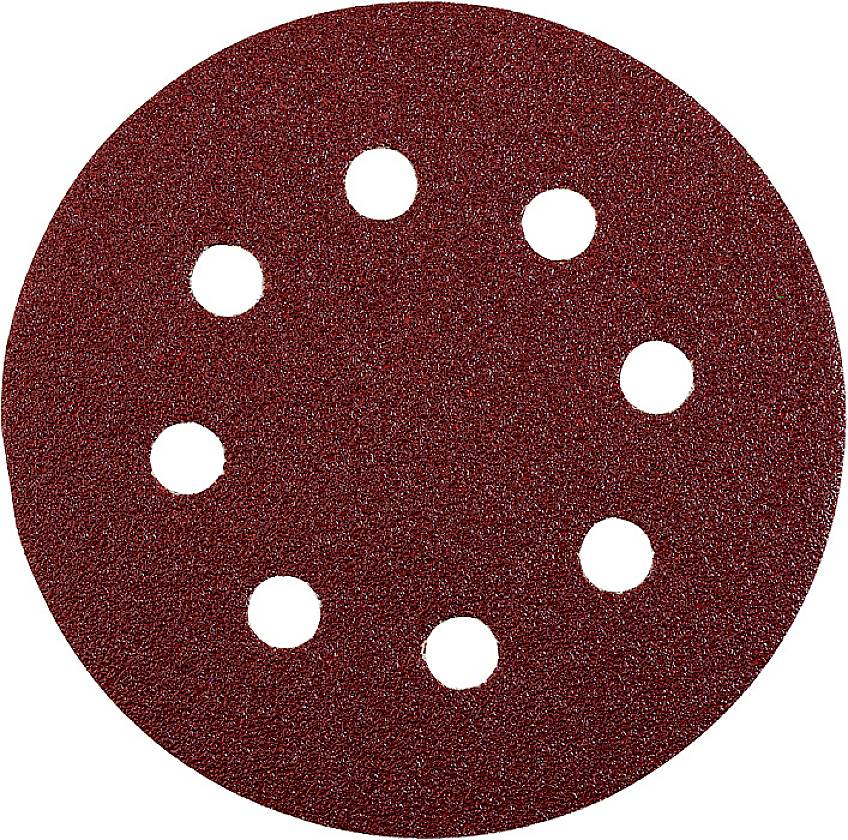 Disque de ponçage rond, de couleur rouge, avec huit trous, adapté aux ponceuses. Il est utilisé pour le traitement de matériaux tels que le bois.