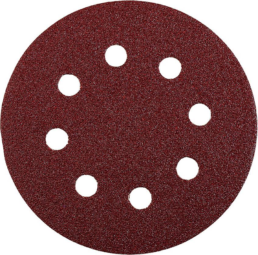 Disque abrasif à huit trous, de couleur rouge foncé et rond, utilisé pour lisser les surfaces dans les travaux artisanaux ou de bricolage.