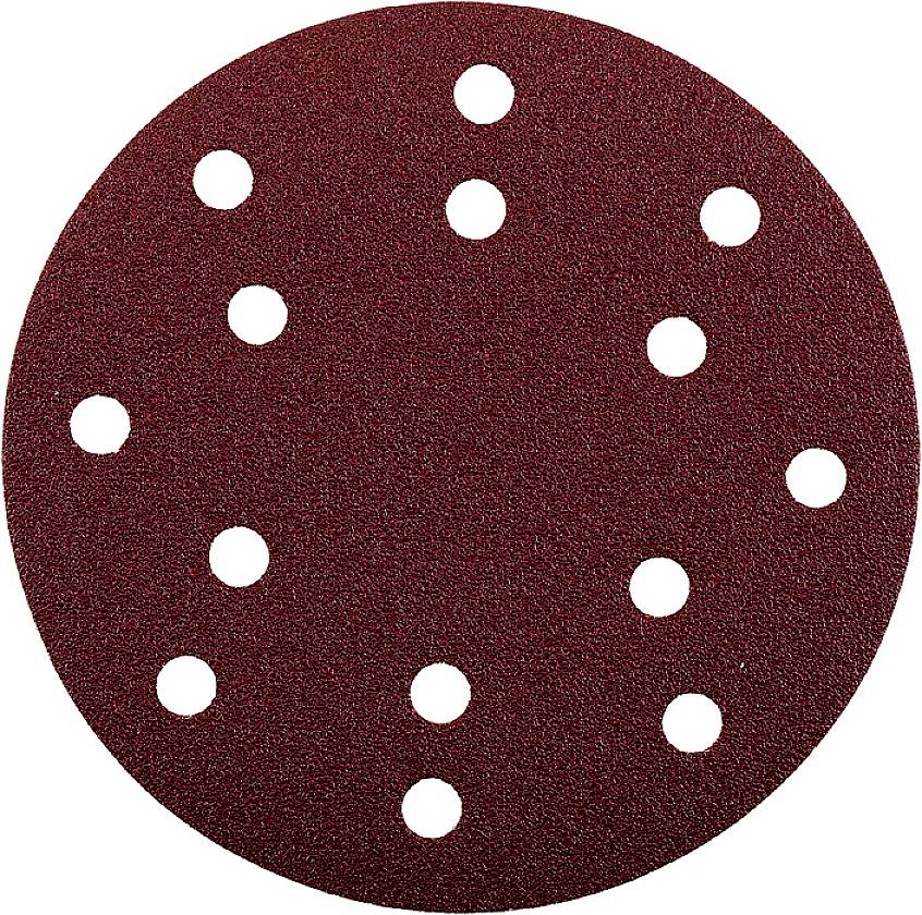 Disque abrasif rond, rouge, avec plusieurs trous circulaires.