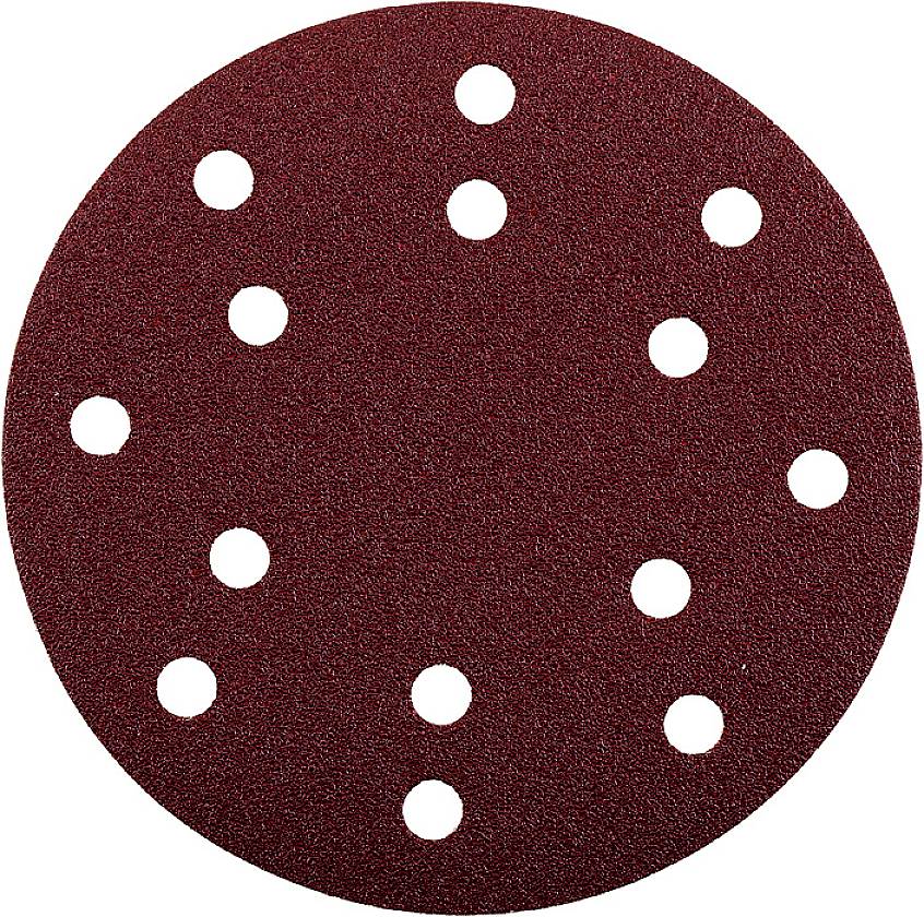 Un disque abrasif rond et rouge avec plusieurs trous, conçu pour être utilisé avec un outil de meulage.