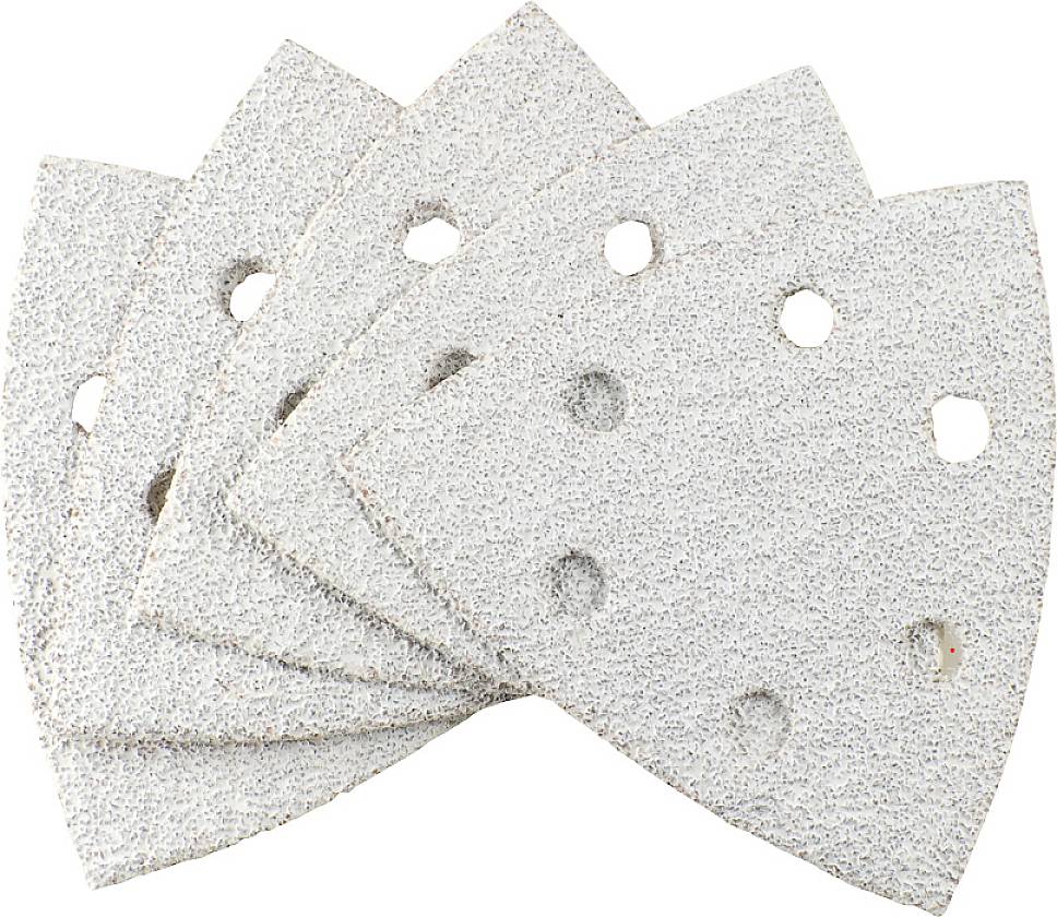 Cinq disques abrasifs blancs superposés, percés de plusieurs trous ronds, destinés à être utilisés avec une ponceuse excentrique.