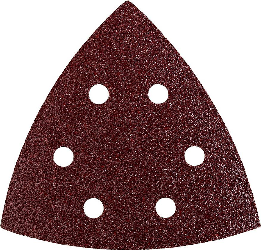 Papier de verre triangulaire avec six trous ronds, adapté pour les ponceuses multifonctions.