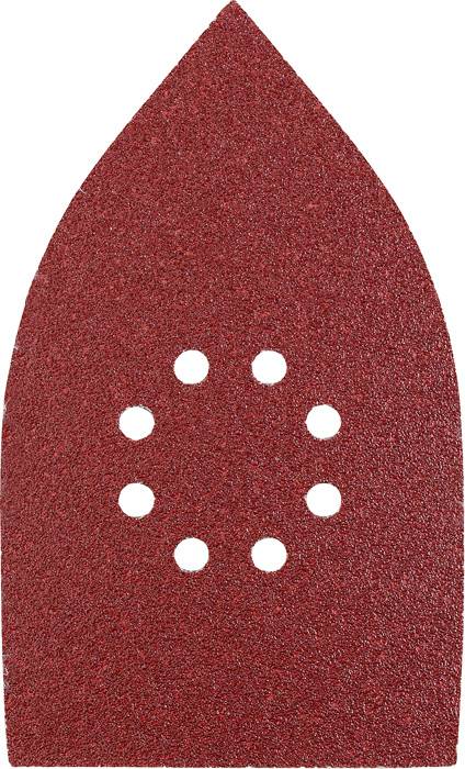 Un papier de verre rouge en forme de fer à repasser avec sept trous, utilisé pour les ponceuses, adapté aux travaux de finition sur les surfaces en bois.