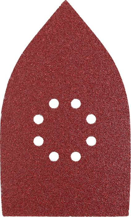 Un papier de verre rouge en forme de triangle, avec un sommet pointu et huit trous au centre, pour les travaux de ponçage.