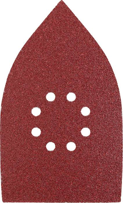 Un papier de verre rouge avec une extrémité pointue et sept trous ronds au centre, adapté aux ponceuses vibrantes.