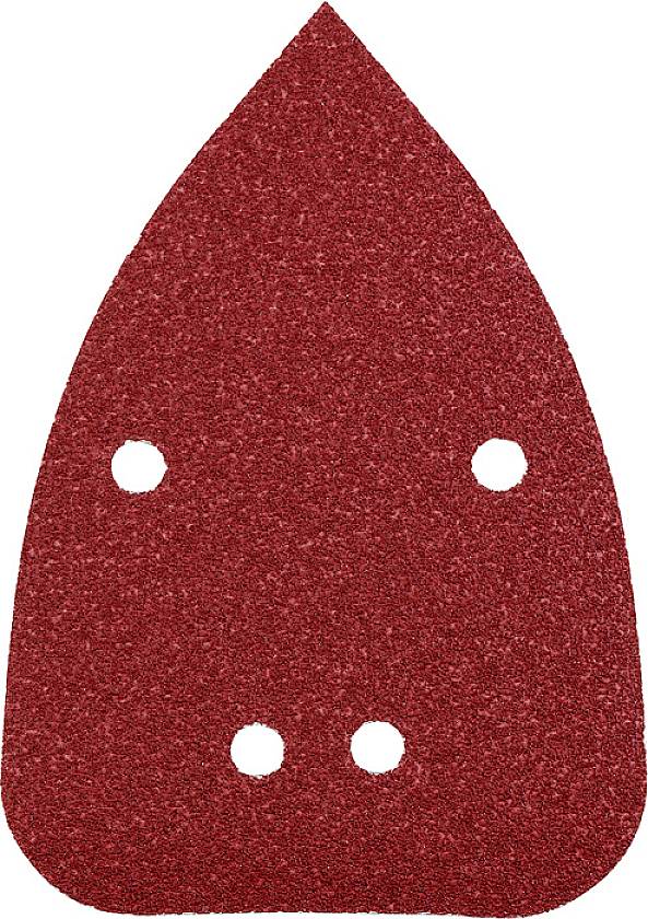 Image d'un papier de verre rouge en forme de feuille avec quatre trous symétriquement disposés. Ce papier est probablement utilisé pour un appareil de ponçage.