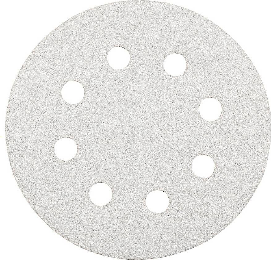 Un disque de papier abrasif avec huit trous répartis uniformément pour la circulation de l'air. Adapté pour le ponçage mécanique.