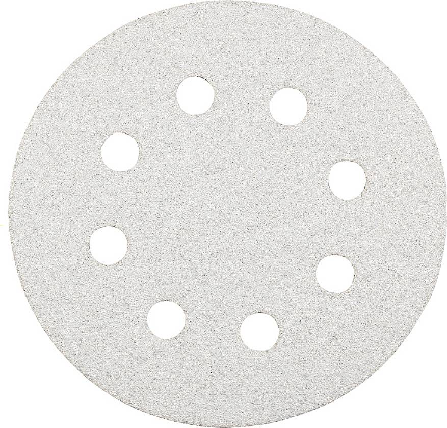 Un disque de papier abrasif à huit trous pour l'aspiration de la poussière, utilisé sur des ponceuses pour lisser ou travailler des surfaces.
