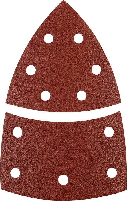 Deux feuilles abrasives rouges en forme de triangle, percées de cinq trous ronds en haut et de six trous ronds en bas, sur un fond blanc.