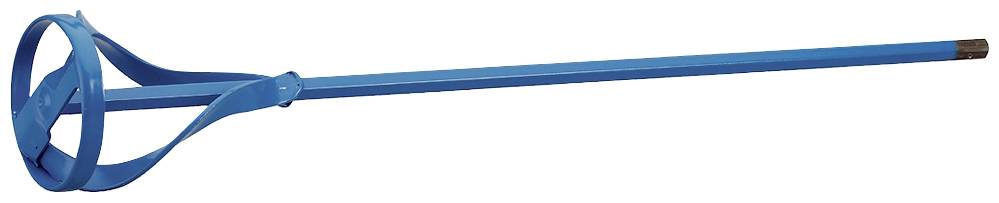 Mélangeur de seau bleu avec une longue tige en métal et une tête spiralée, utilisé pour mélanger des peintures ou du mortier dans des seaux.