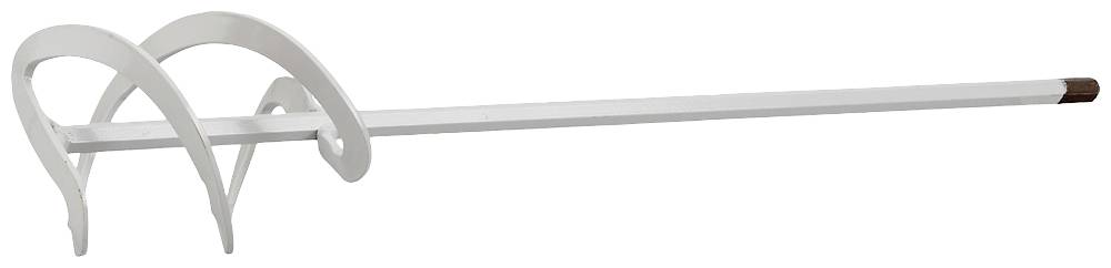 Fouet blanc en métal avec un long manche et trois fils courbés pour mélanger les ingrédients en cuisine.
