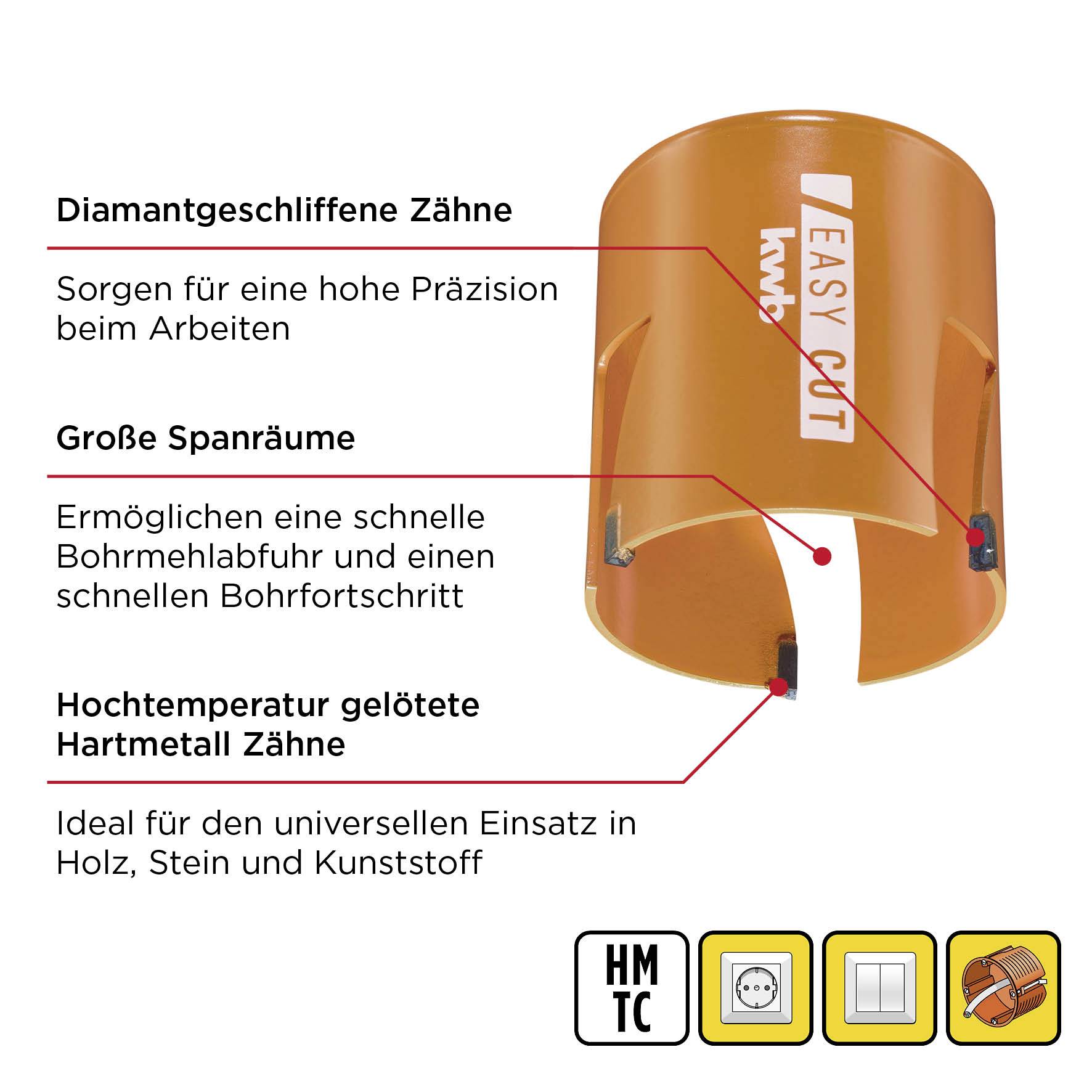 Couronne de forage avec dents diamantées pour un travail précis ; grandes surfaces d'évacuation des copeaux pour une progression rapide du forage ; idéal pour le bois, la pierre et les matières plastiques.