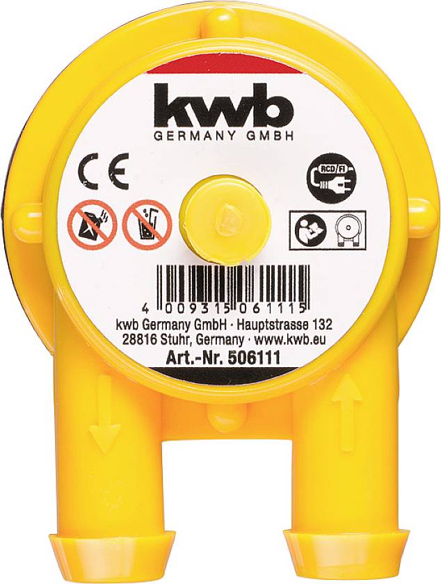 Boîtier en plastique jaune avec étiquette de produit de 'kwb Germany GmbH', marquage CE et avertissements de sécurité. Contient les coordonnées de contact.