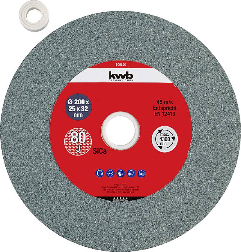 Disque à tronçonner, design rouge et gris, marque 'kwb', diamètre : 200 mm, grain : 80, vitesse maximale : 4300 tr/min, conforme à la norme EN 12413.