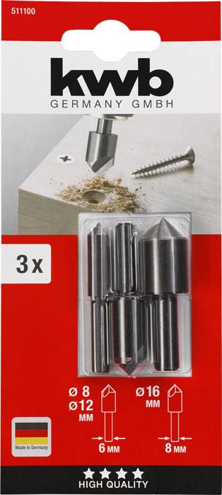 'kwb GERMANY GMBH' Emballage de fraises à métaux. Contient trois fraises à métaux dans les tailles 8 mm, 12 mm et 16 mm. Image d'une fraise à métaux fixée sur du bois.
