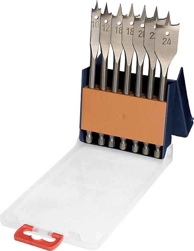 Un ensemble de fraises à surfacer de différentes tailles (10-24 mm) dans un étui en plastique ouvert, adapté pour le travail du bois.