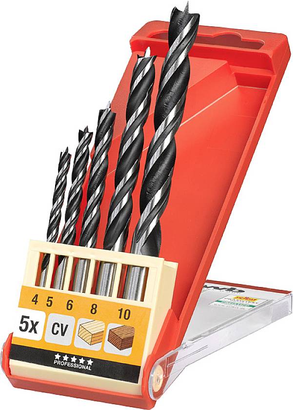 Cinq forets métalliques de différentes tailles dans un coffret en plastique rouge. Tailles : 4, 5, 6, 8, 10 mm, adaptés au bois, au métal et à la pierre.
