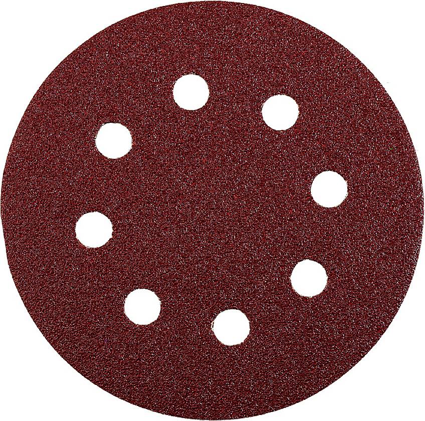 Disque de ponçage rond avec des grains abrasifs rouges et huit trous symétriquement disposés pour la fixation sur des machines à poncer.