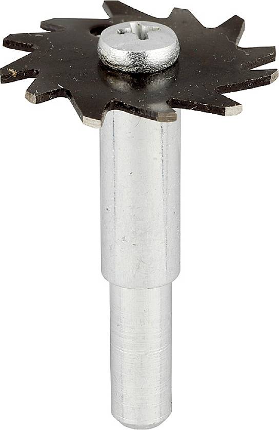 Un support argenté pour un foret avec une lame circulaire dentelée. Utilisé pour couper ou meuler des matériaux.