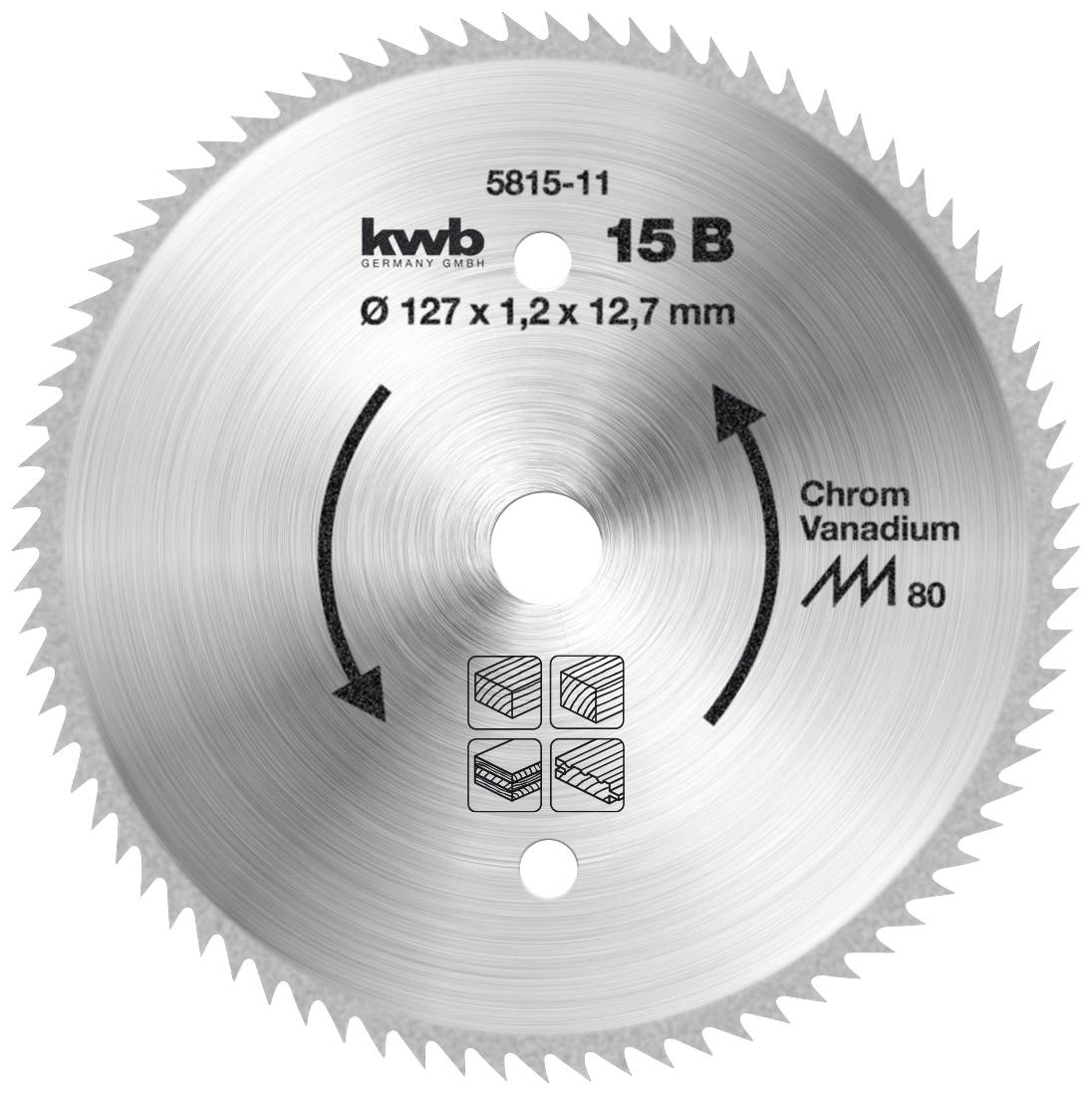 Une lame de scie argentée portant l'inscription 'kwb 15 B', diamètre 127 mm, adaptée pour le bois, le plastique et le métal.