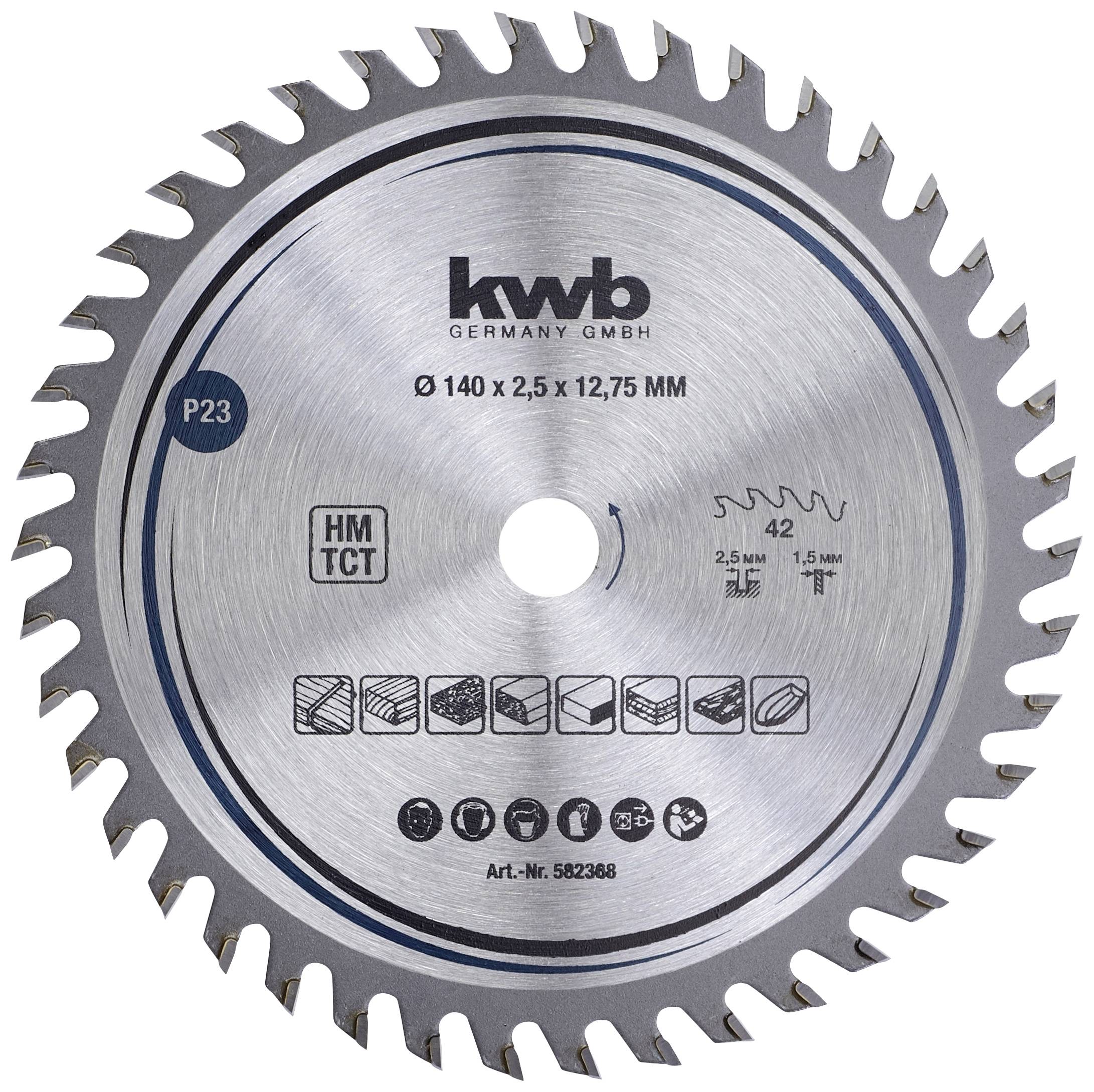 Lame de scie circulaire avec dents et logo du fabricant 'kwb Germany GmbH'. Inscription : '140 x 2,5 x 12,75 MM'. Symboles pour matériaux.