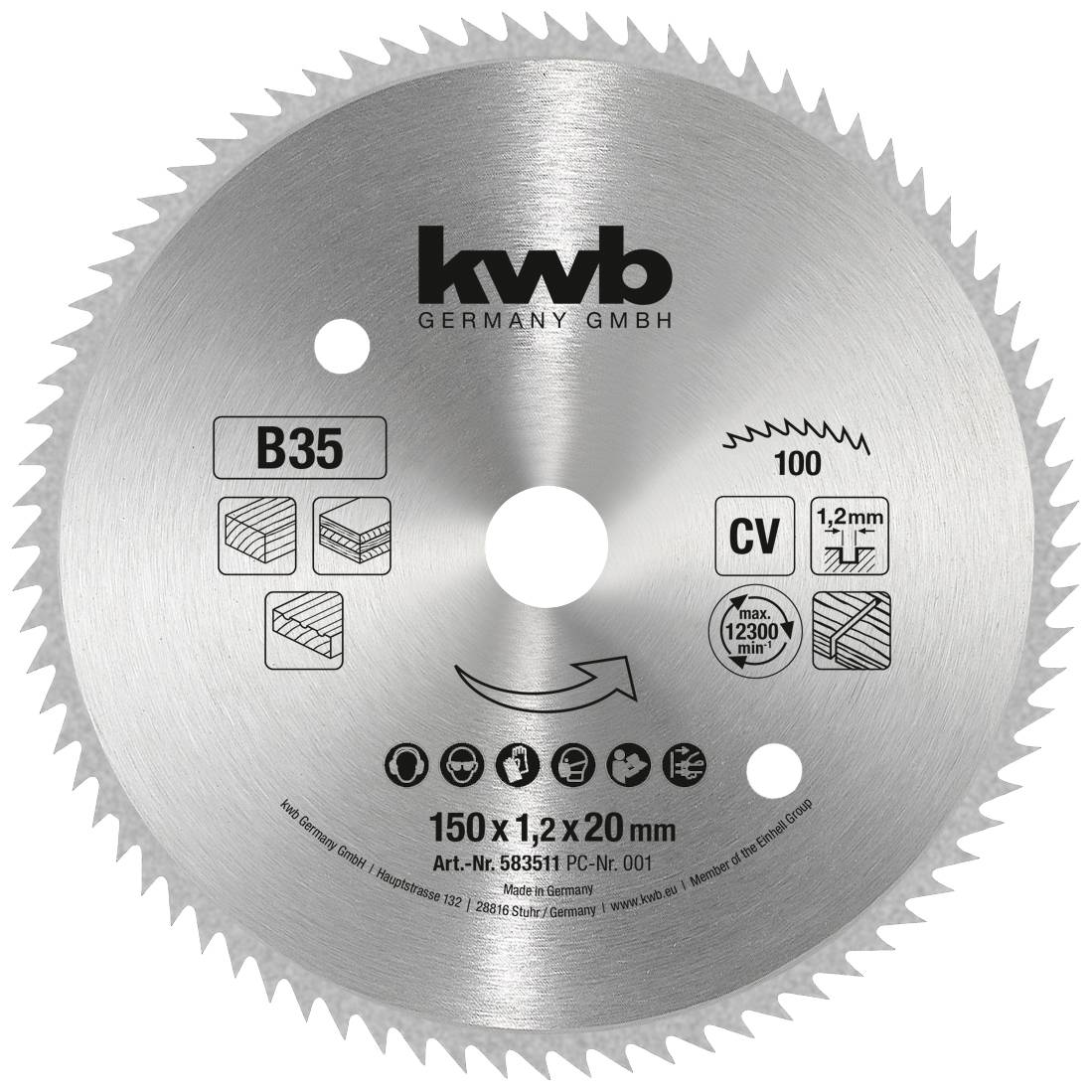 Lame de scie de 150 x 1,2 x 20 mm, pour coupe de bois. Marquages : vitesse maximale de rotation 12 300 tr/min, différents types de matériaux, Réf. article 583511, Fabricant : kwb GERMANY GMBH.