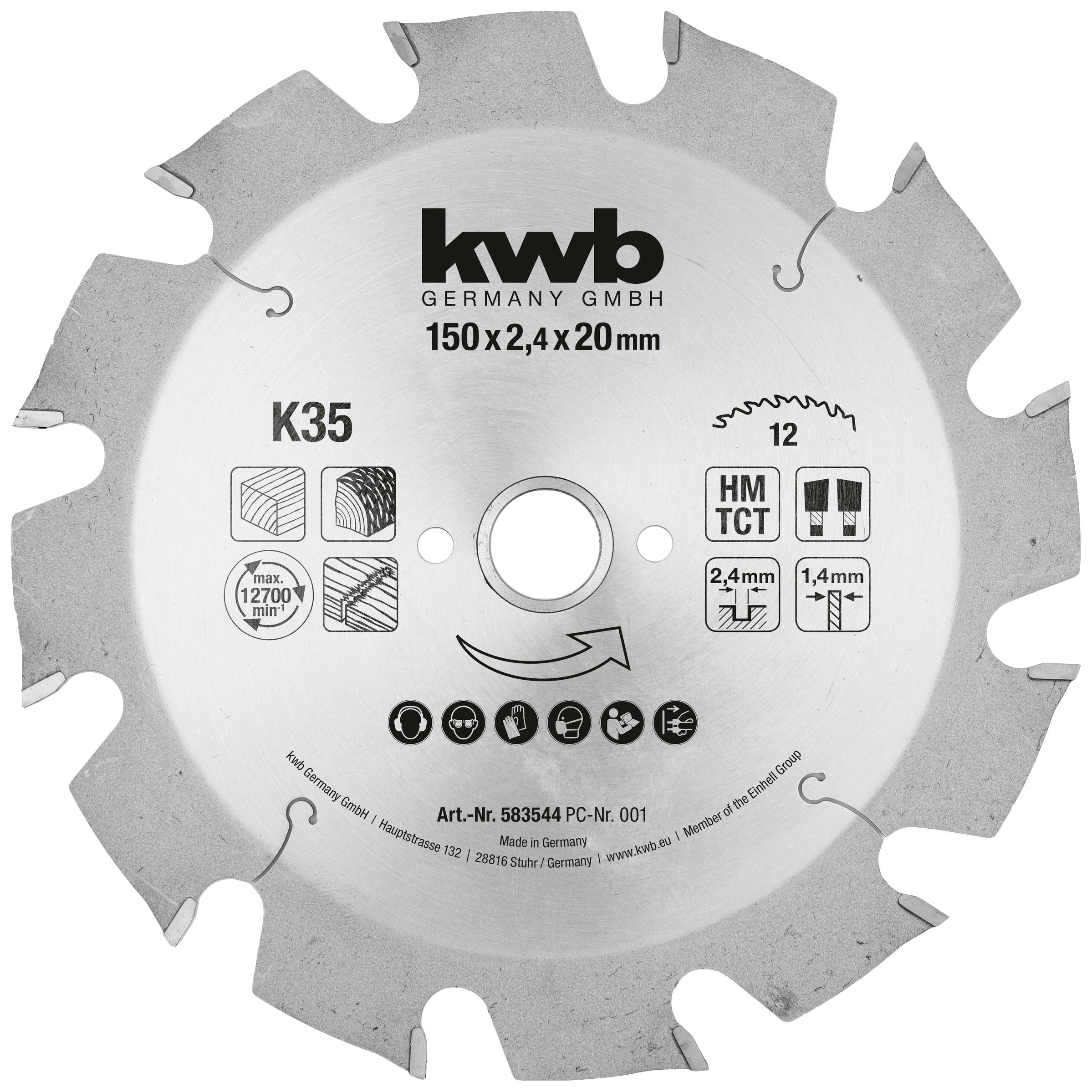 Lame de scie de kwb Germany GmbH, 150x2,4x20 mm, K35, 12 dents, HM, TCT, 12700 tr/min, Matériaux : Bois, Acier, Plastique.