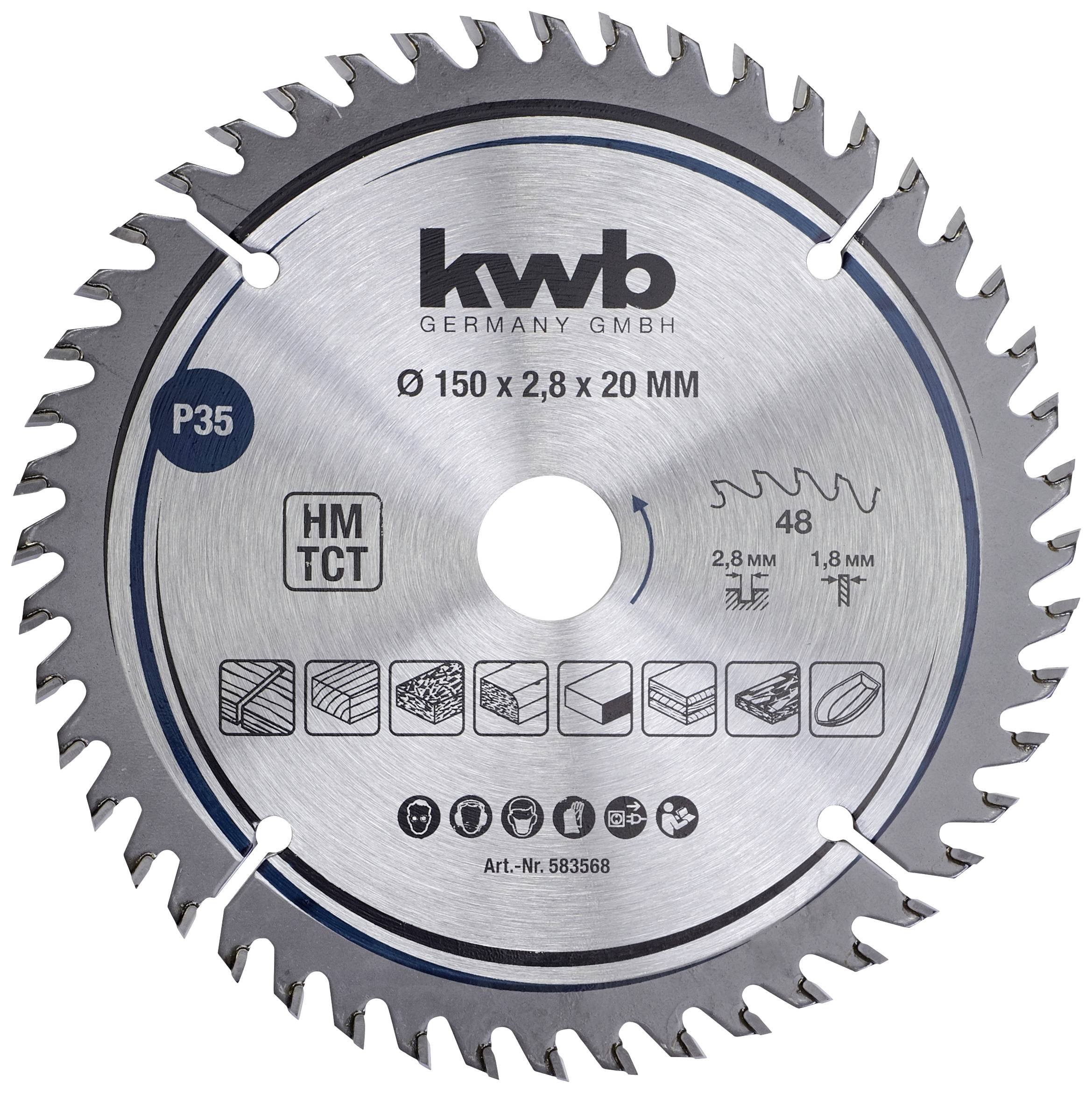 Lame de scie circulaire KWB avec 48 dents, adaptée pour le bois. Diamètre 150 mm, épaisseur 2,8 mm, alésage 20 mm.