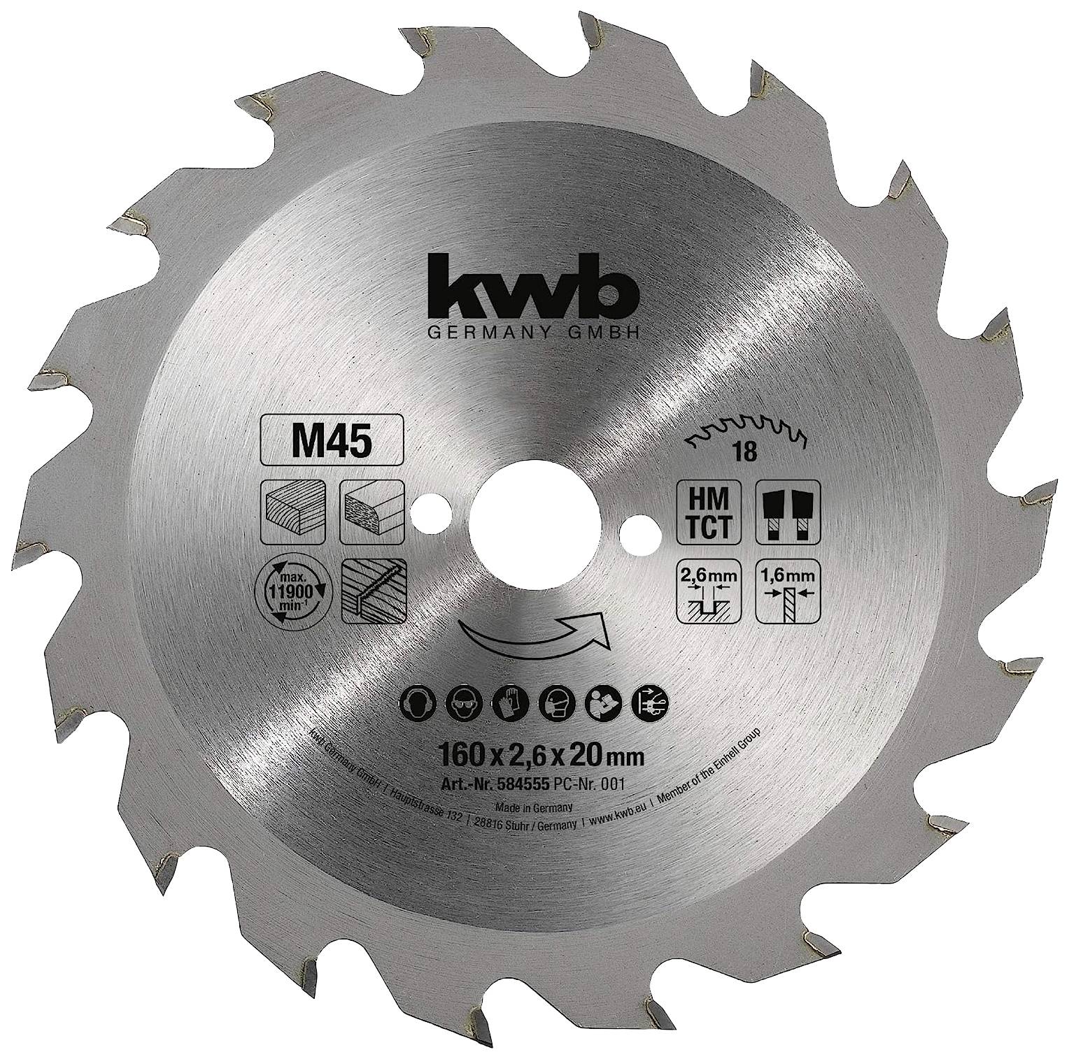 Lame de scie circulaire en métal avec dents, marque 'kwb Germany', diamètre 160 mm, alésage 20 mm, adapté aux matériaux en bois.