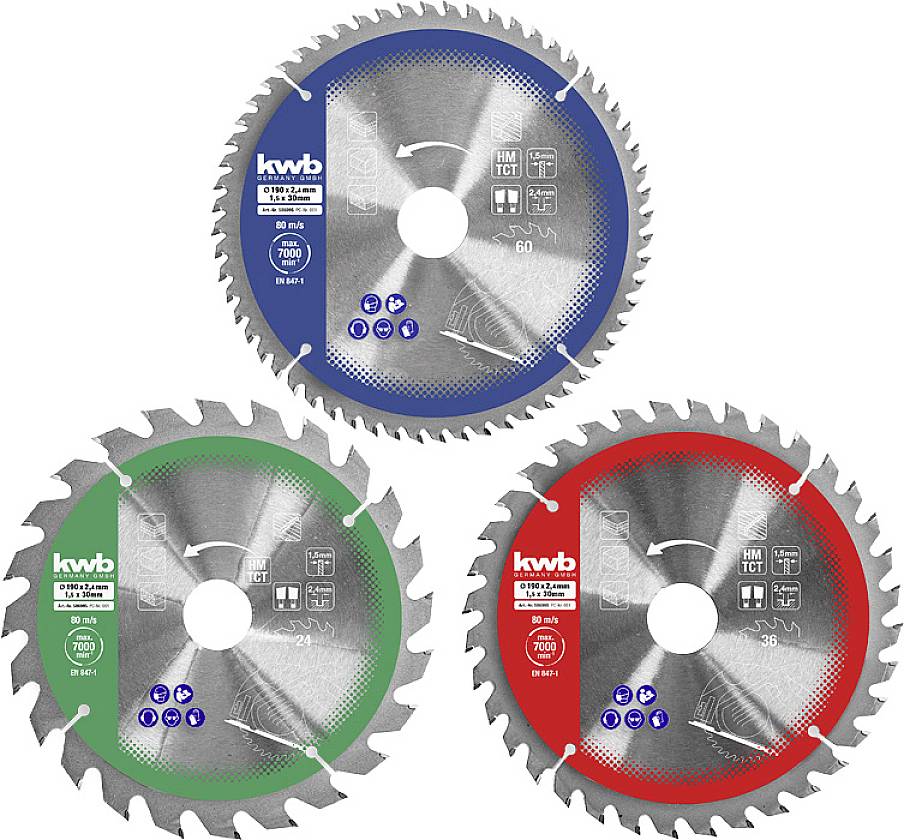 Trois lames de scie circulaire de différentes couleurs, adaptées à divers matériaux et exigences de coupe.