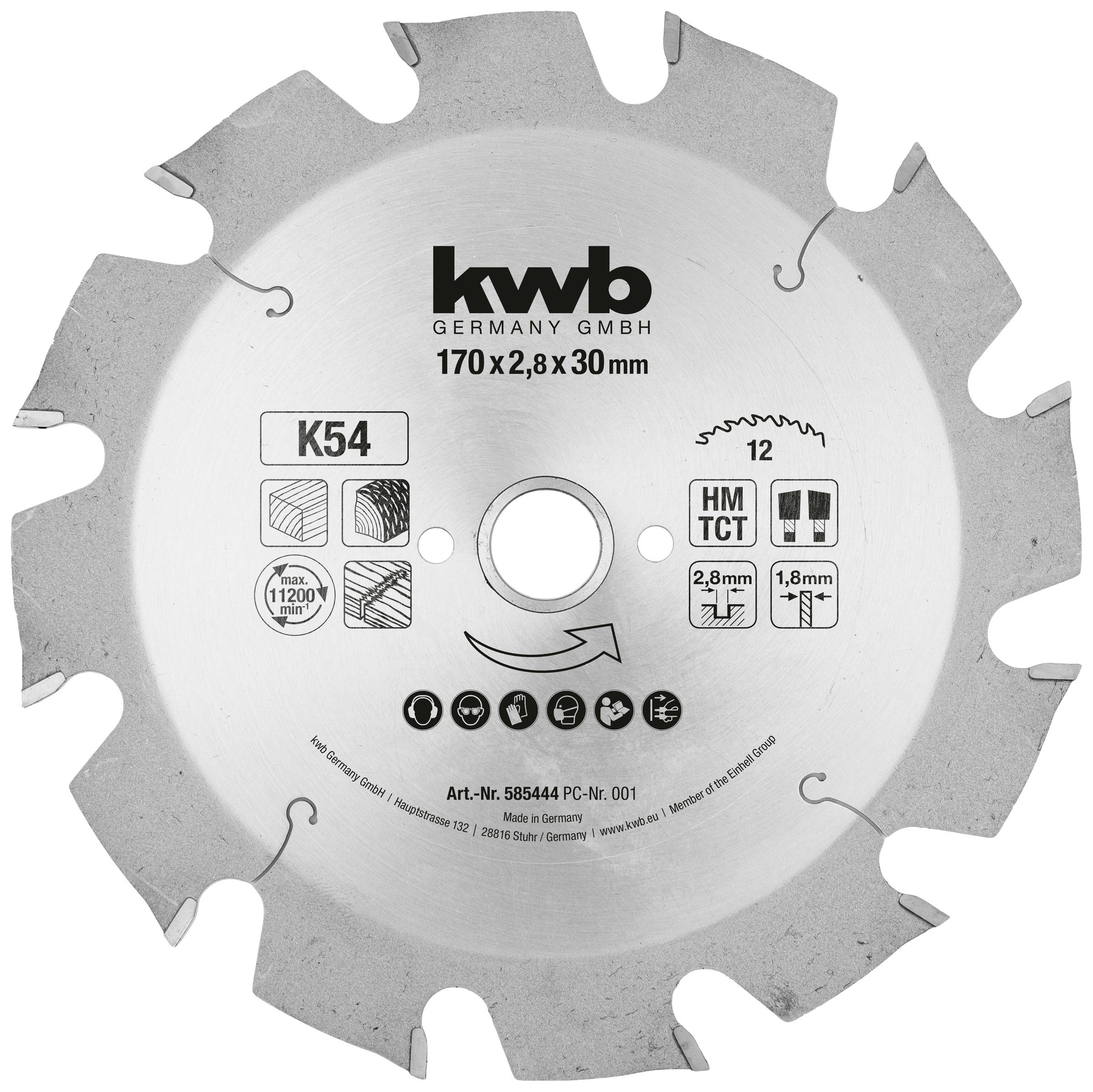 Lame de scie circulaire TCT de kwb Germany, Ø 170 mm, largeur de coupe 2,8 mm, alésage de 30 mm, adapté au bois, 12 dents.