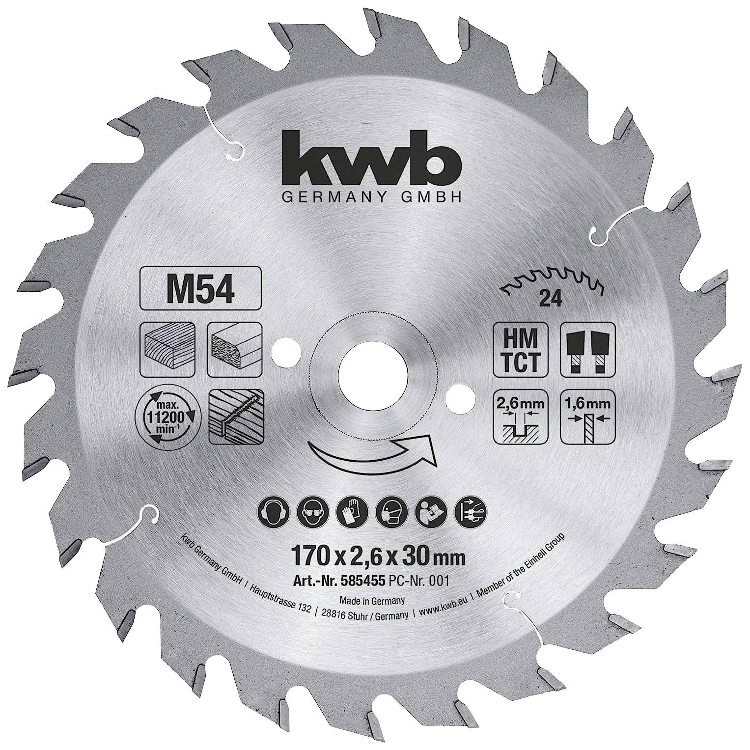 Lame de scie circulaire de la marque 'kwb' avec 24 dents. Diamètre : 170 mm. Adapté pour le bois. Vitesse de rotation maximale : 11200 tr/min.