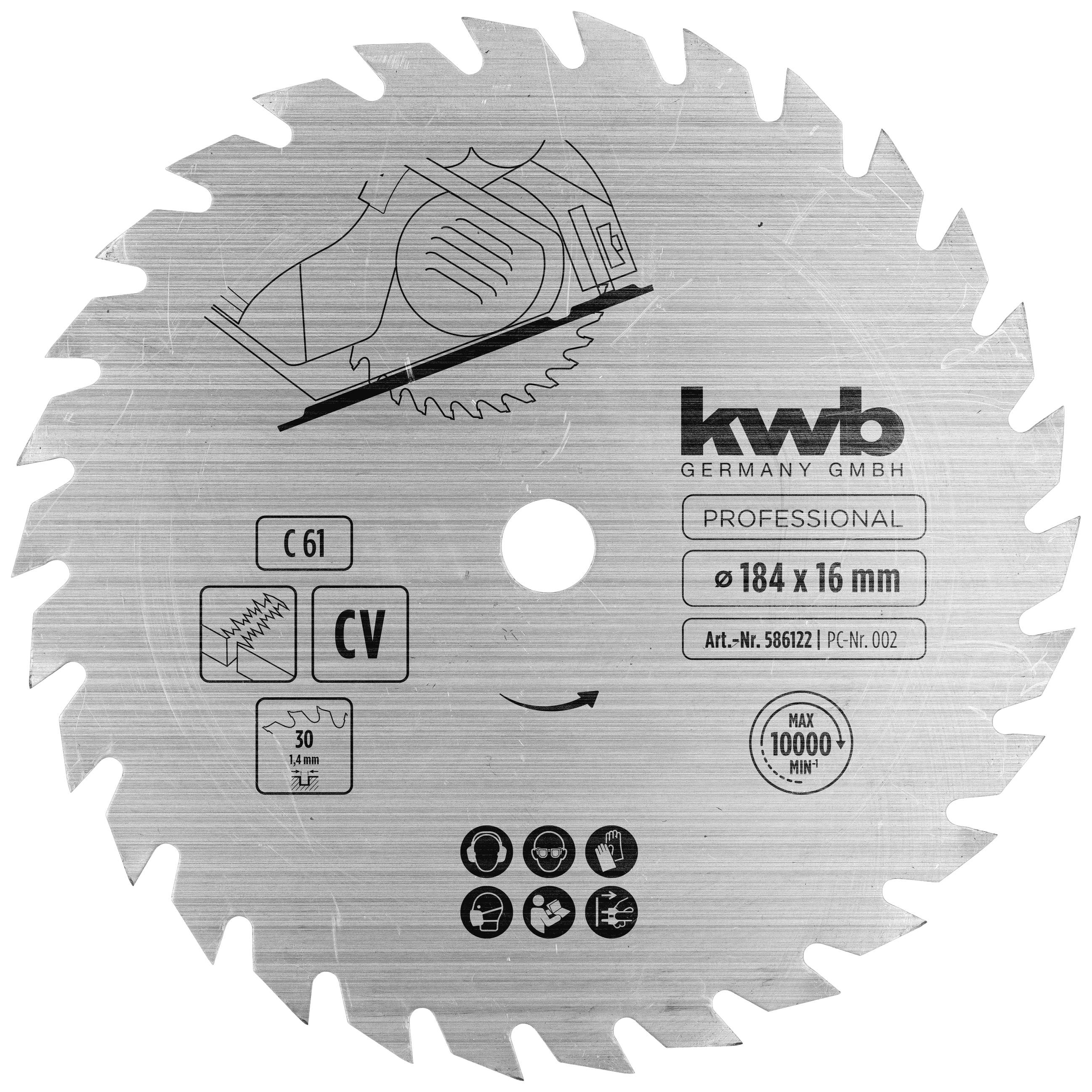 Lame de scie circulaire en métal, 184 x 16 mm, adaptée au bois et au métal selon la qualité CV, vitesse de rotation maximale 10 000 tr/min.
