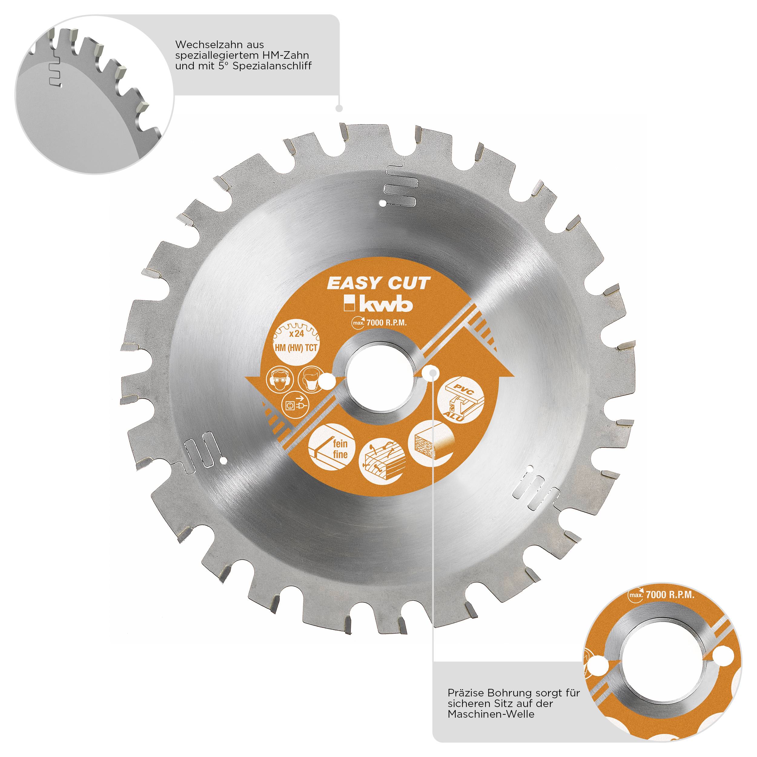Lame de scie circulaire avec centre orange, inscription : EASY CUT. Contient des informations sur la vitesse de rotation, la denture spéciale et le perçage précis.
