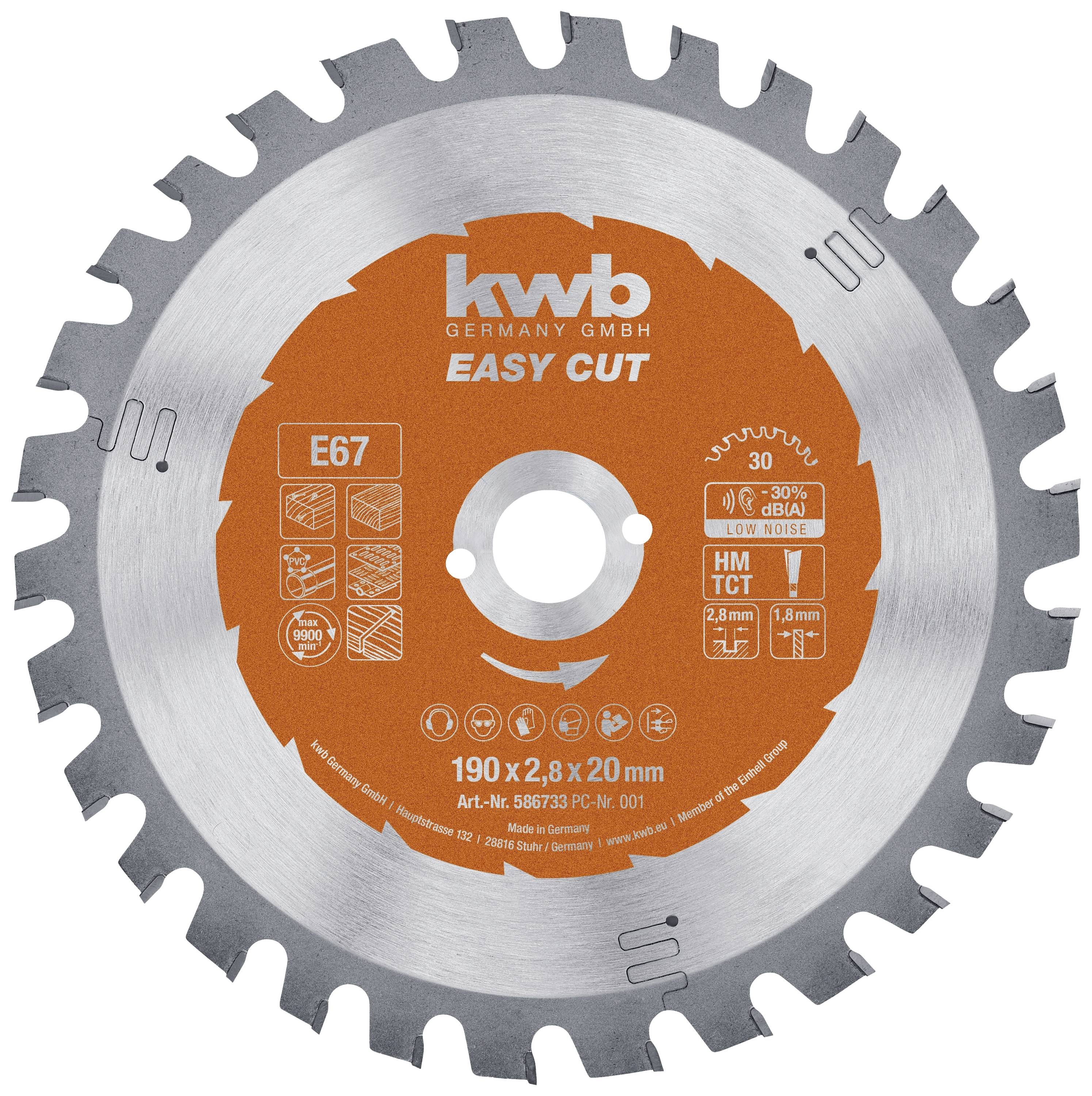 Lame de scie circulaire avec étiquette orange 'KWB Easy Cut', diamètre 190 mm, 30 dents. Convient pour le bois, le métal et le plastique.