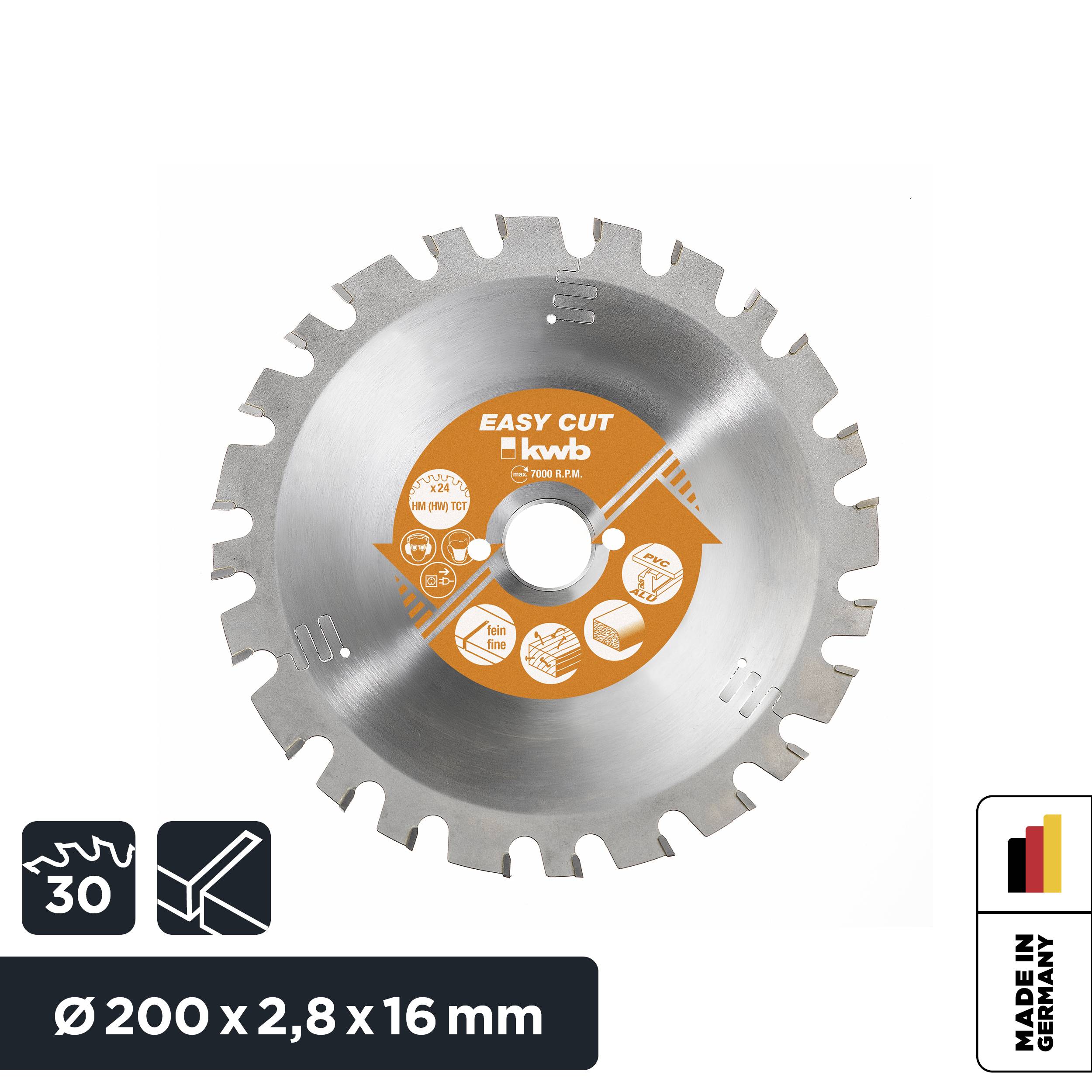 Lame de scie 'EASY CUT' de kwb, diamètre de 200 mm, 30 dents, adaptée pour la coupe du bois, avec label Made in Germany.