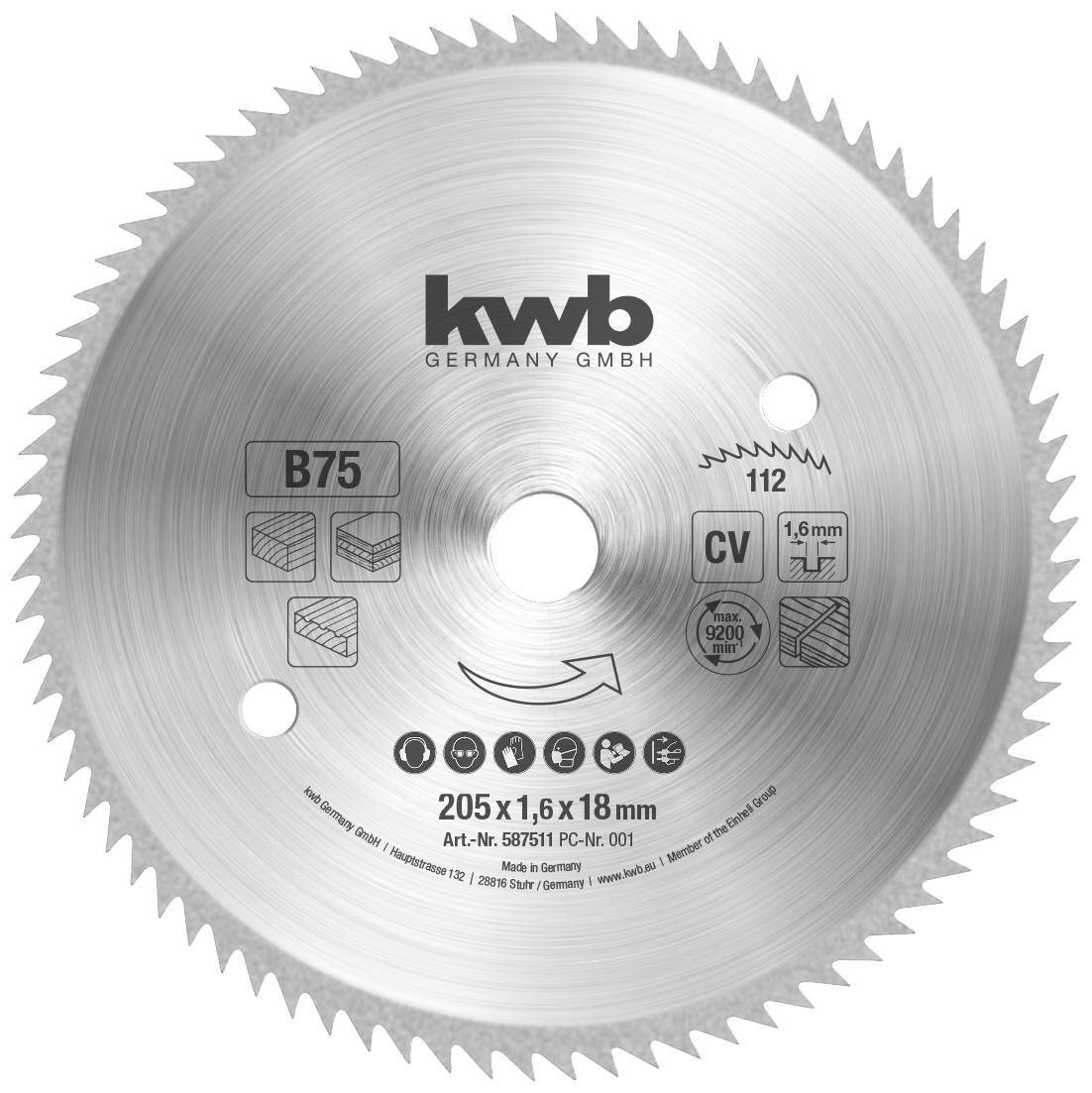 Lame de scie circulaire de la marque KWB de 205 mm de diamètre et 1,6 mm d'épaisseur, adaptée pour l'usinage du bois et des métaux.