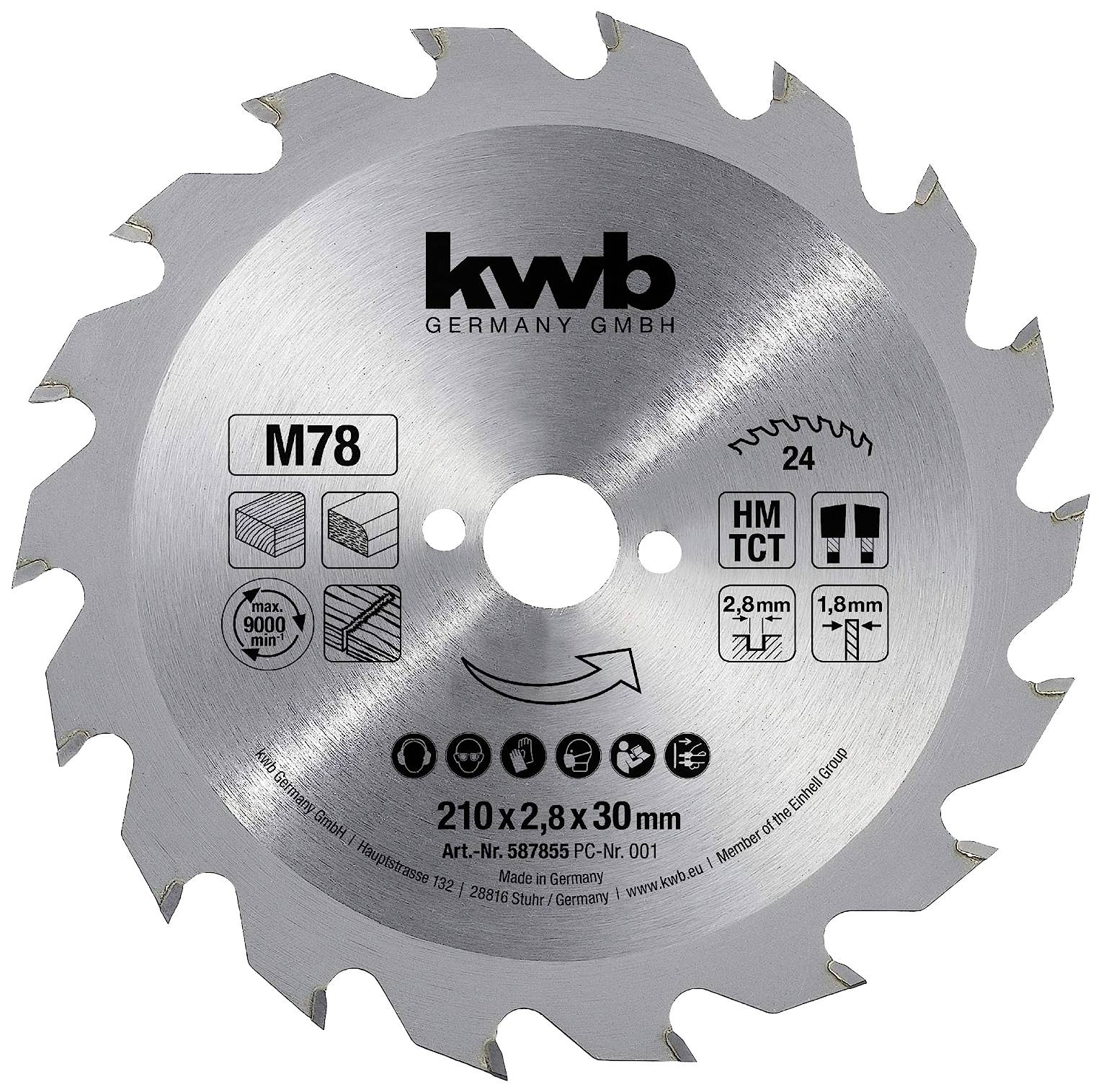 Lame de scie de la marque kwb avec 24 dents, diamètre 210 mm, largeur 2,8 mm. Adaptée pour les travaux sur bois et les applications de construction.