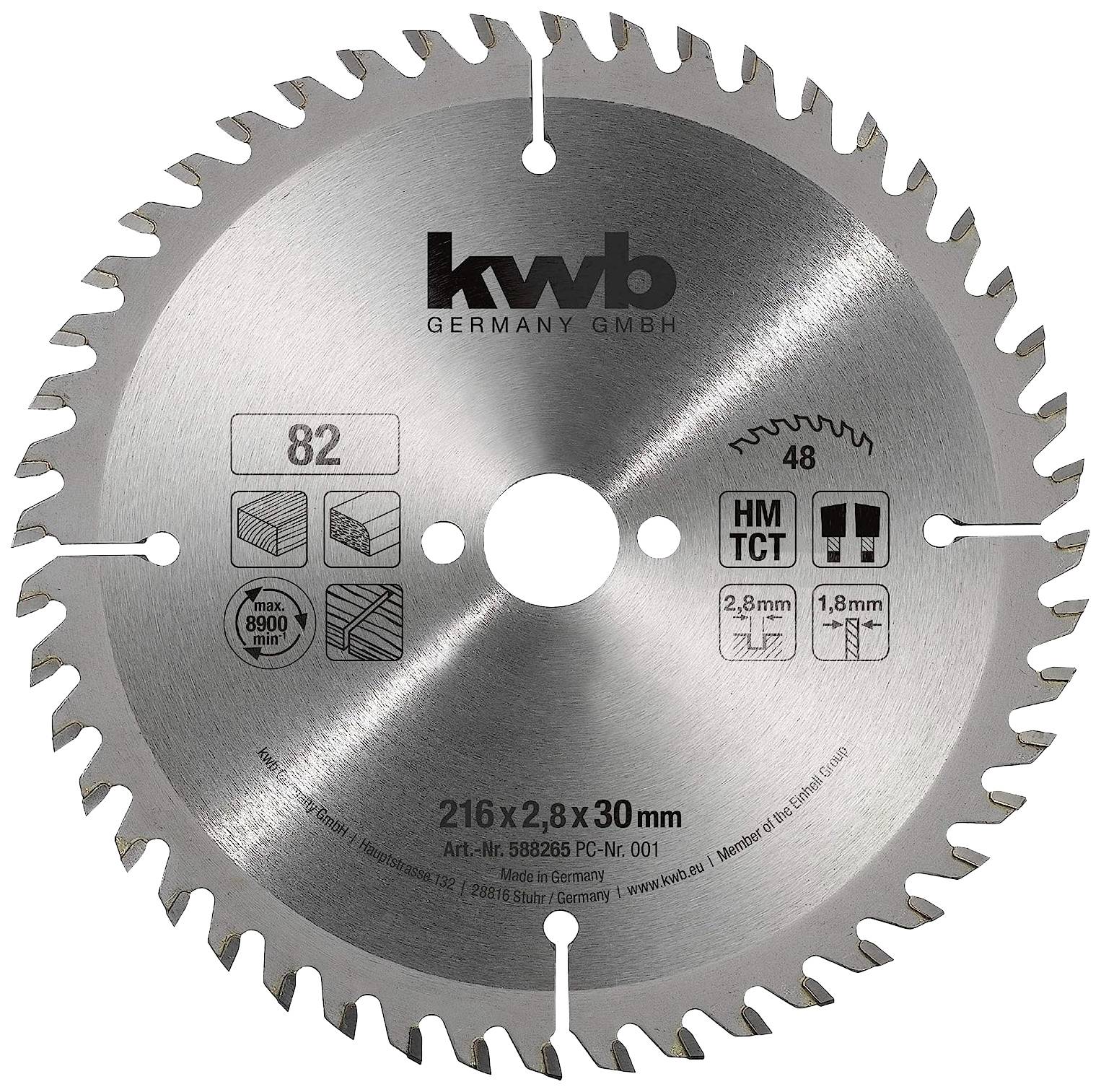 Lame de scie de kwb, diamètre 216 mm, épaisseur 2,8 mm, alésage 30 mm, 48 dents. Adaptée pour le bois. Fabricant : kwb Germany GmbH.